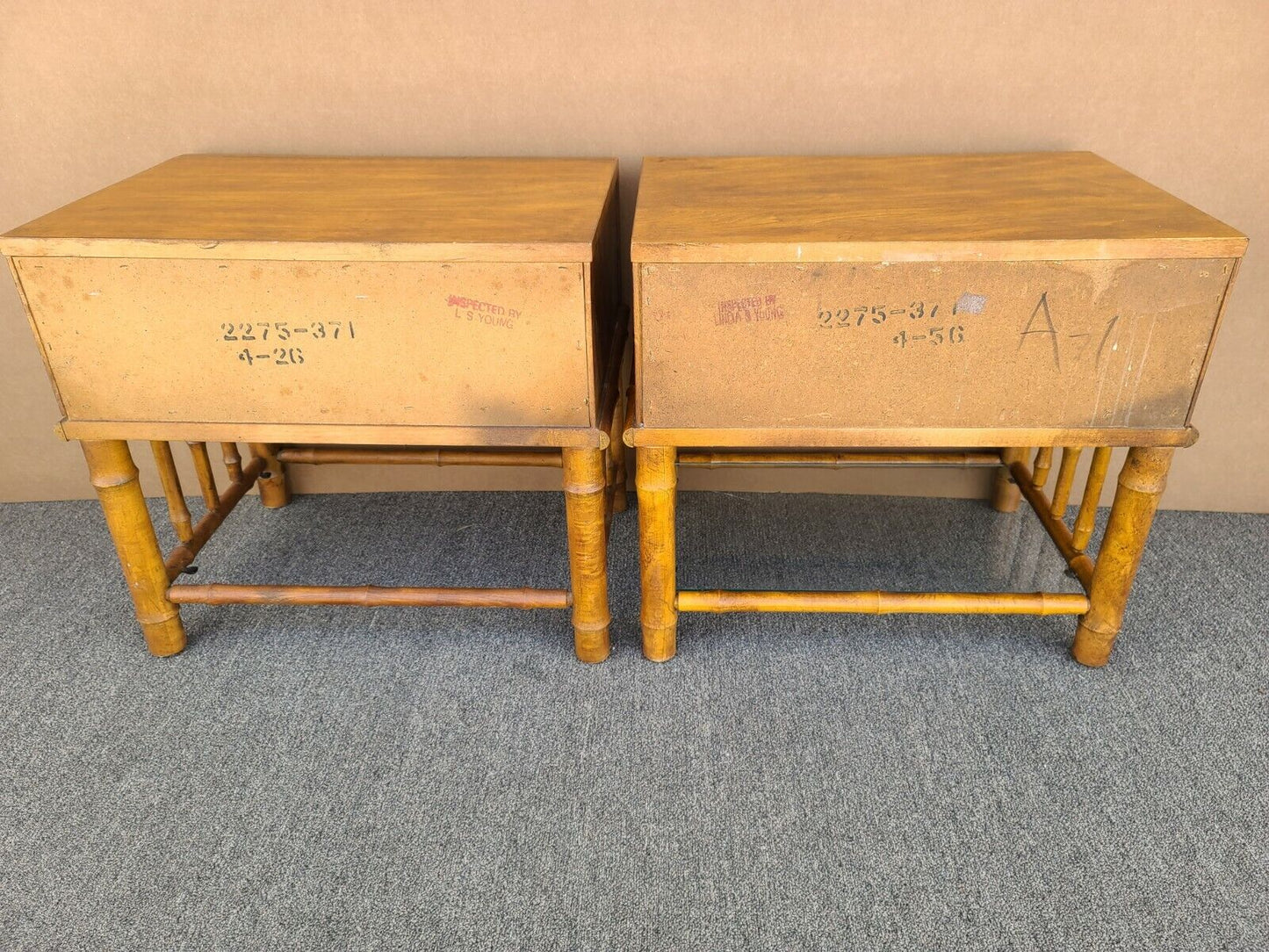 (2) MCM American of Martinsville Side End Tables Nightstands Wicker Faux Bamboo