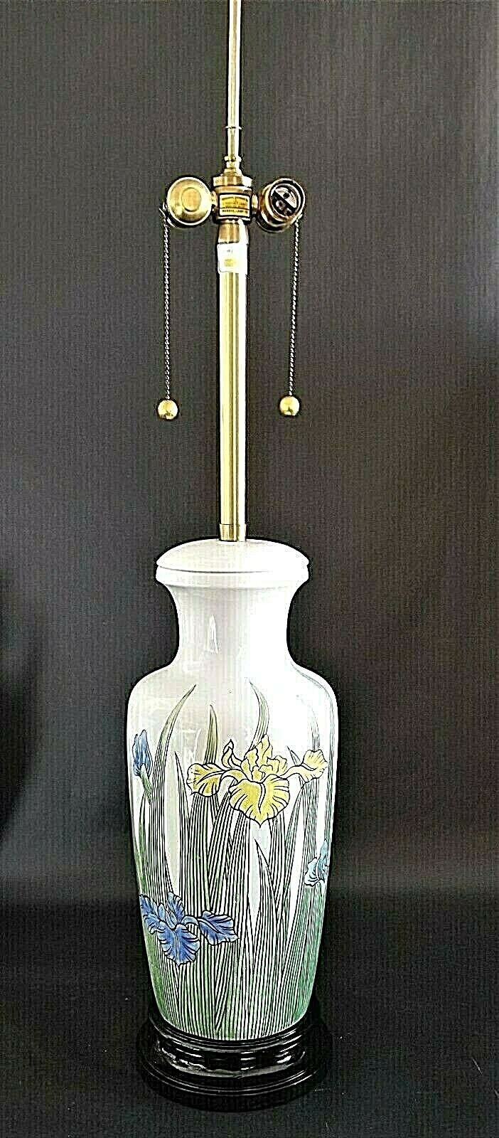 Vintage Large 43" MARBRO White Ceramic Lamp with Yellow and Blue Iris' Wood Base