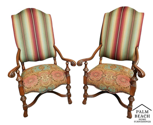 Pair of Antique 1930's French Louis XIV Style Carved Throne Armchairs
