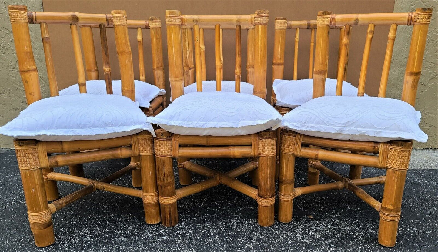 (6) Vintage Elephant Bamboo Rattan Wicker Dining Chairs with Cushions by HEINSA