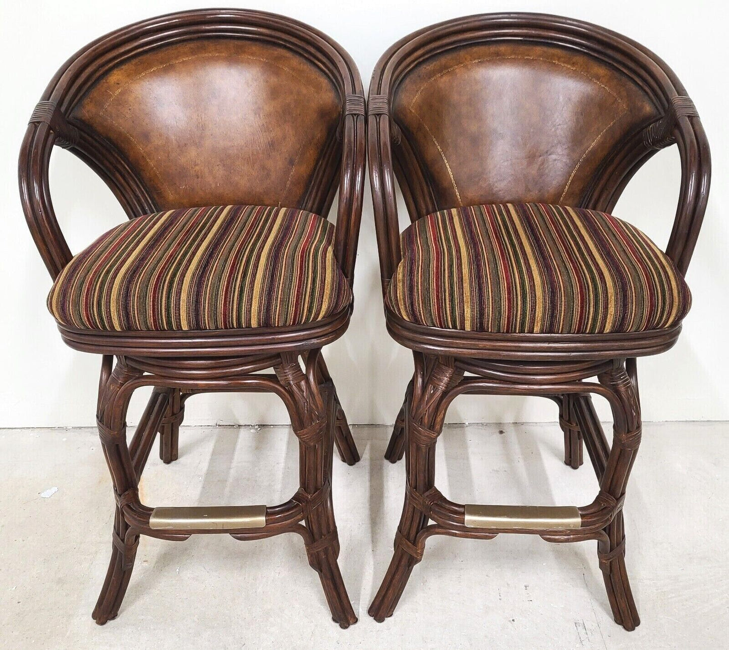 HOOKER Bamboo Rattan Leather Swivel Barstools - Set of 2