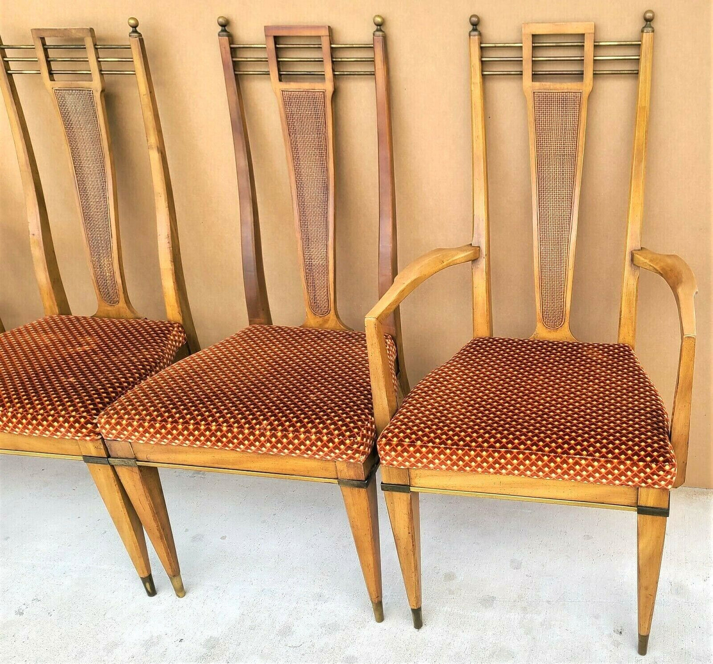 Set of 4 1950's MCM J L METZ Brass Solid Wood & Cane Dining Chairs