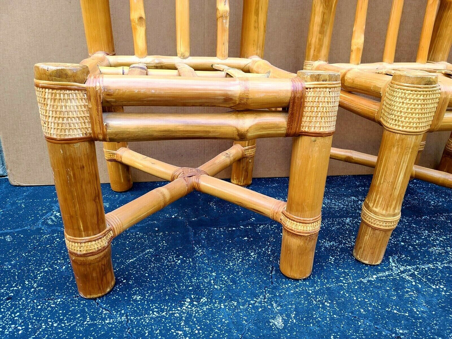 (6) Vintage Elephant Bamboo Rattan Wicker Dining Chairs with Cushions by HEINSA