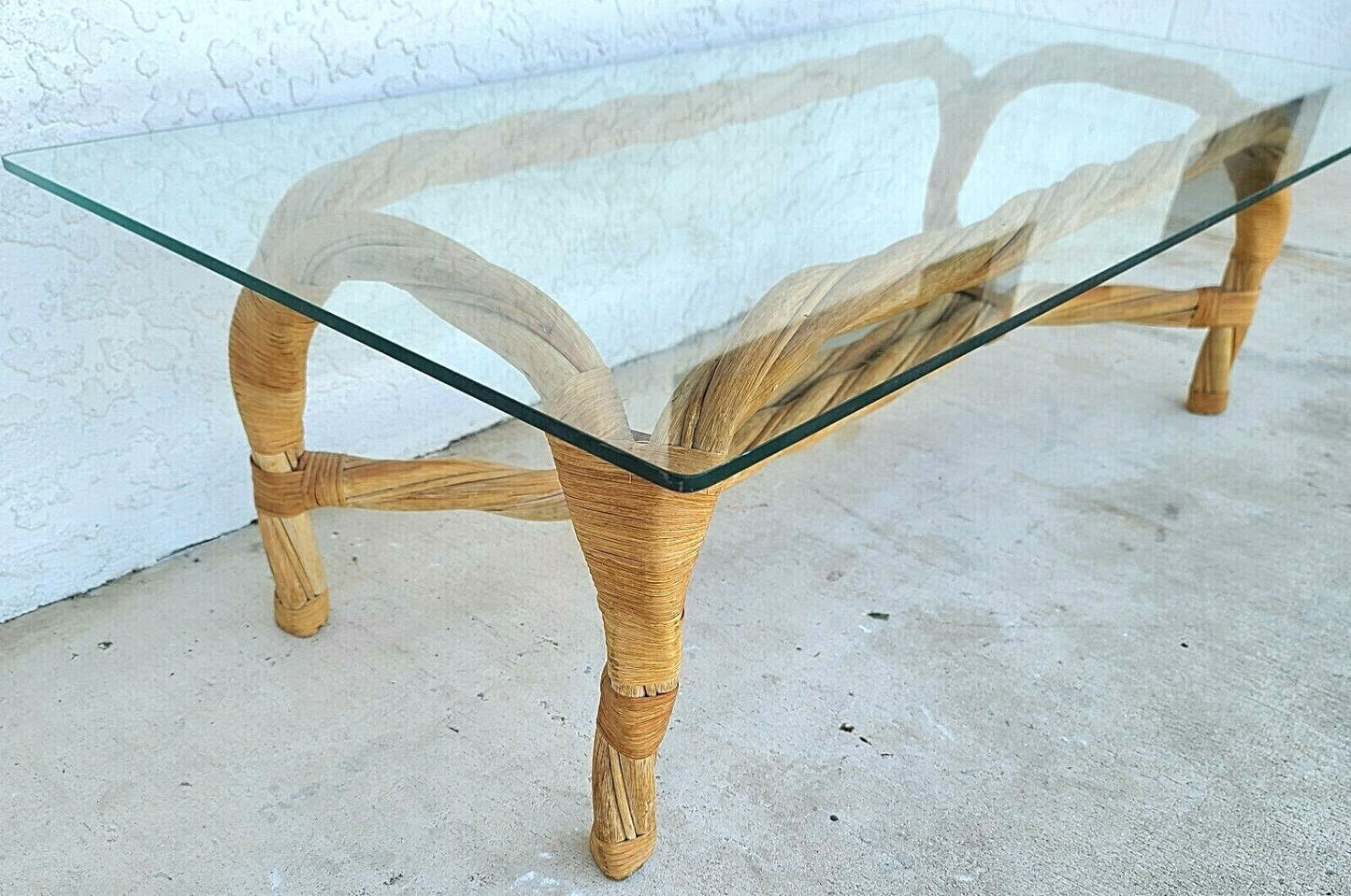 Organic Modern Coastal Twisted Braided Bentwood & Rattan Glass Top Coffee Table