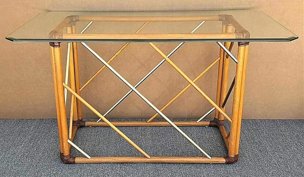 Vintage MCM Bamboo Rattan Brass & Glass Console Sofa Entryway Table