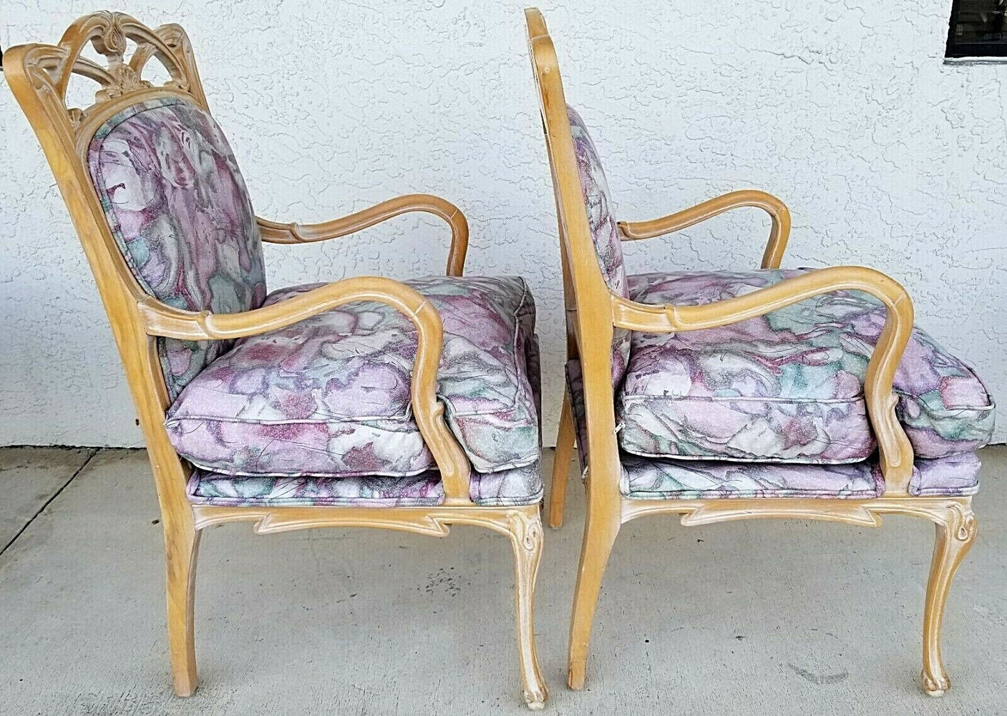 (2) French Provincial Fauteuil Carved Wood Upholstered Accent Chairs Armchairs