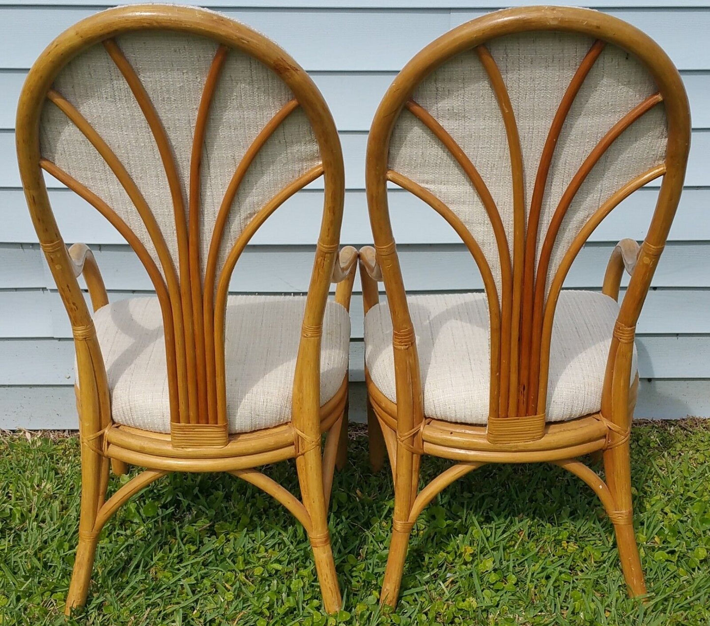 Mid Century Modern Regency Bamboo Bentwood Rattan Fan Back Armchairs - Set of 2