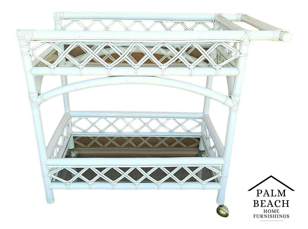 Vintage Palm Beach Coastal Bamboo & Glass 2 Tier Dry Bar Serving Cart Trolley