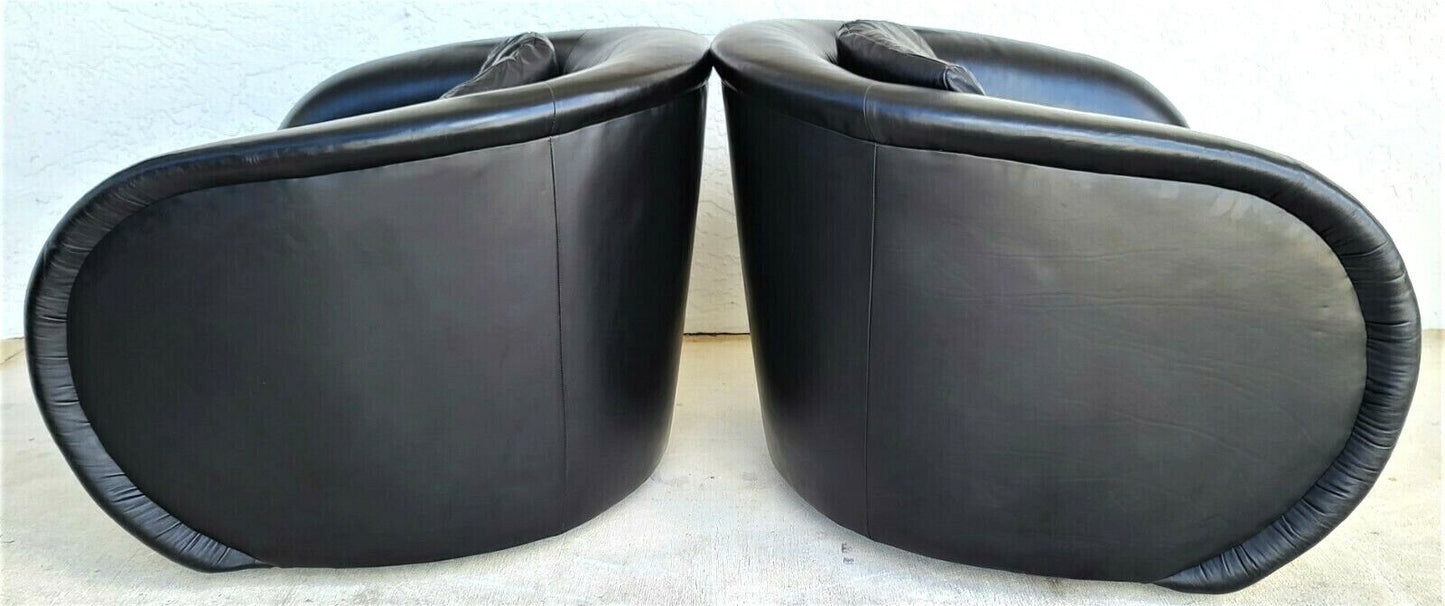 Mid Century Modern Black Leather Swivel Barrel Lounge Chairs by PREVIEW - A Pair