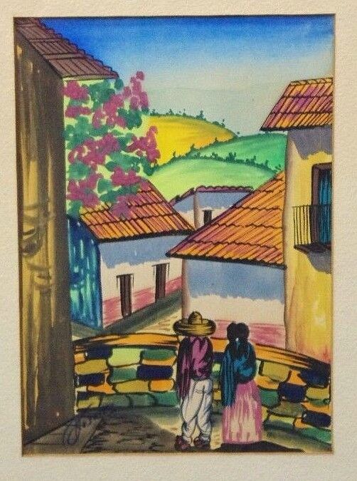 Vtg Mid Century Gouache Watercolor Signed By G Rosales (Mexican) Village 2 Avail