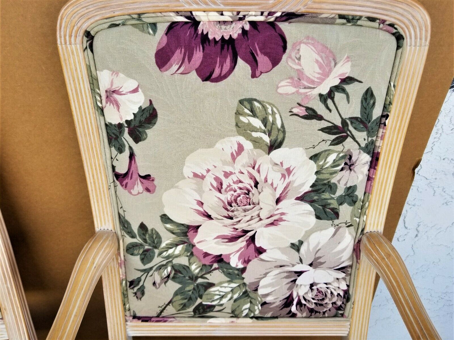 Carved Blonde Solid Wood Chintz Roses Dining Chairs - Set of 4