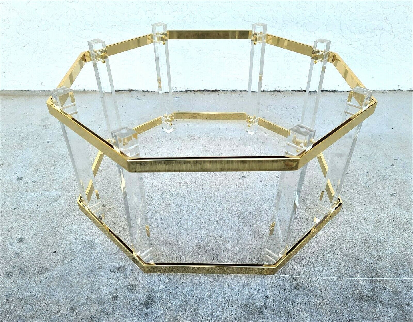 CHARLES HOLLIS JONES Mid Century Brass Lucite & Glass Octagonal Coffee Table