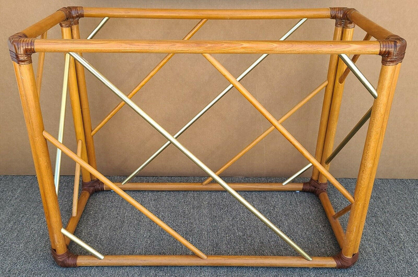 Vintage MCM Bamboo Rattan Brass & Glass Console Sofa Entryway Table