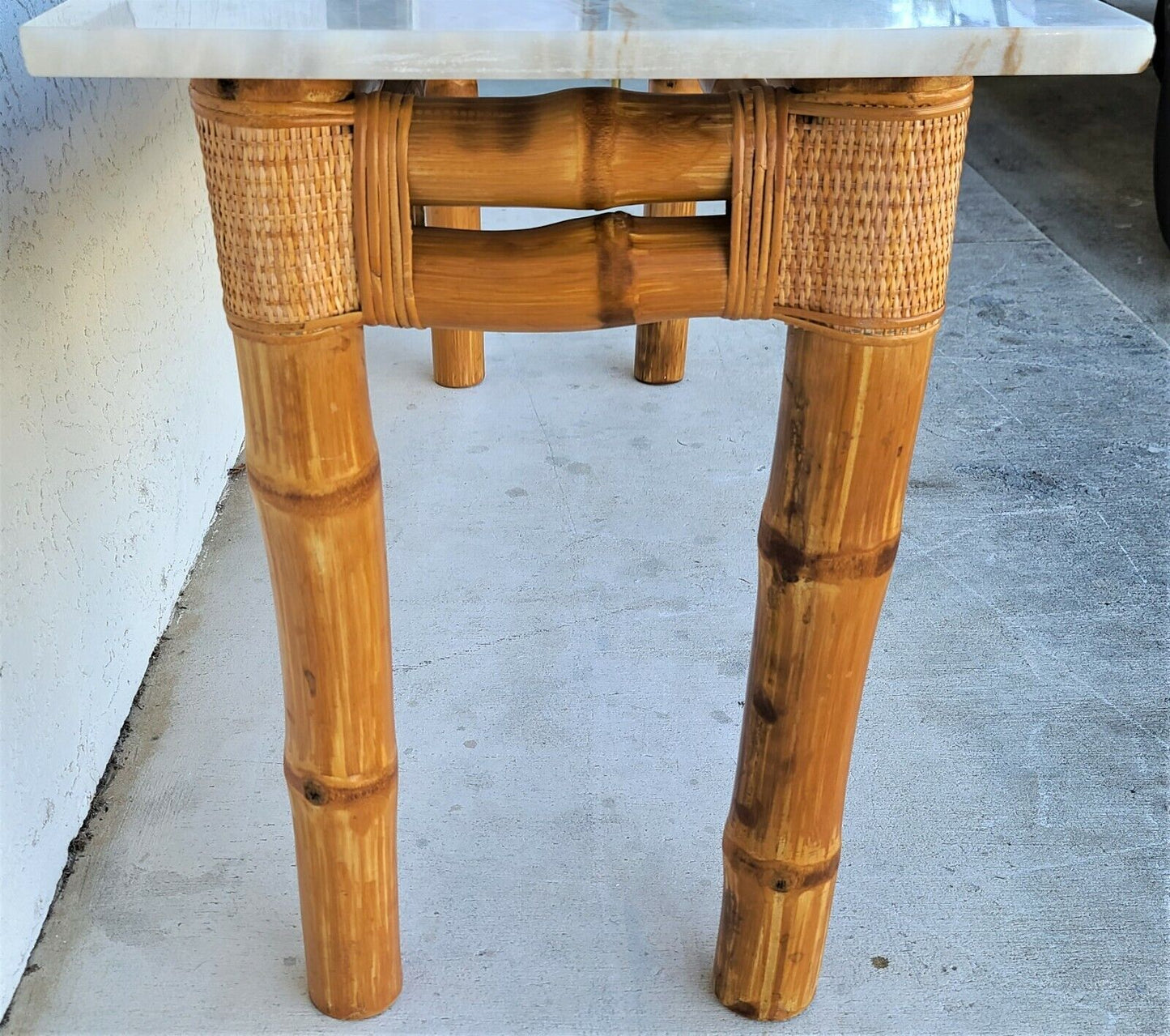 70's Elephant Bamboo Rattan Wicker Marble Top Console Sofa Entryway Table