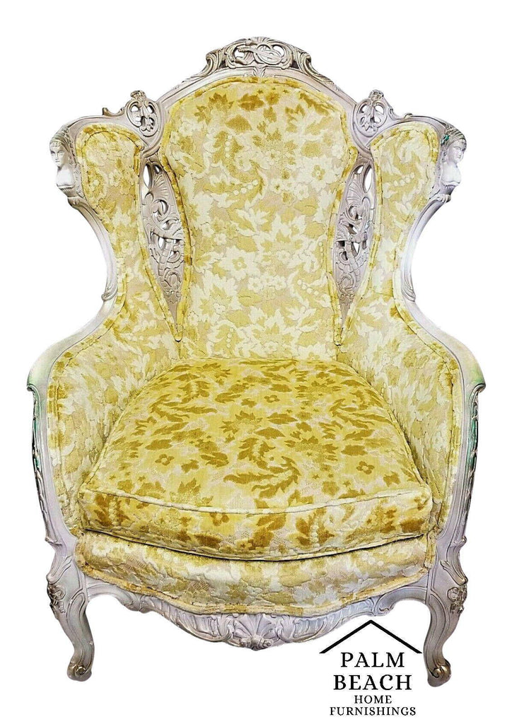 EUC! Antique French Louis XV Rococo Hand Carved Burnout Velvet Wing Back Chair