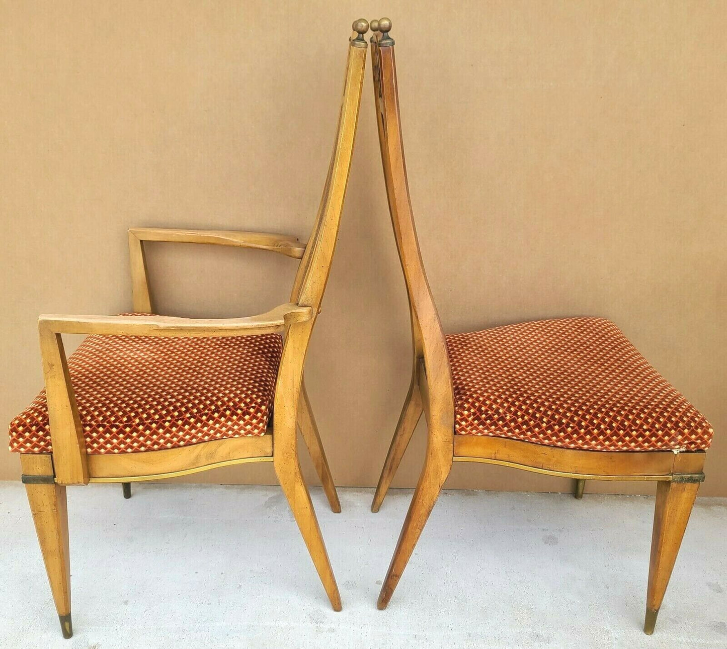 Set of 4 1950's MCM J L METZ Brass Solid Wood & Cane Dining Chairs