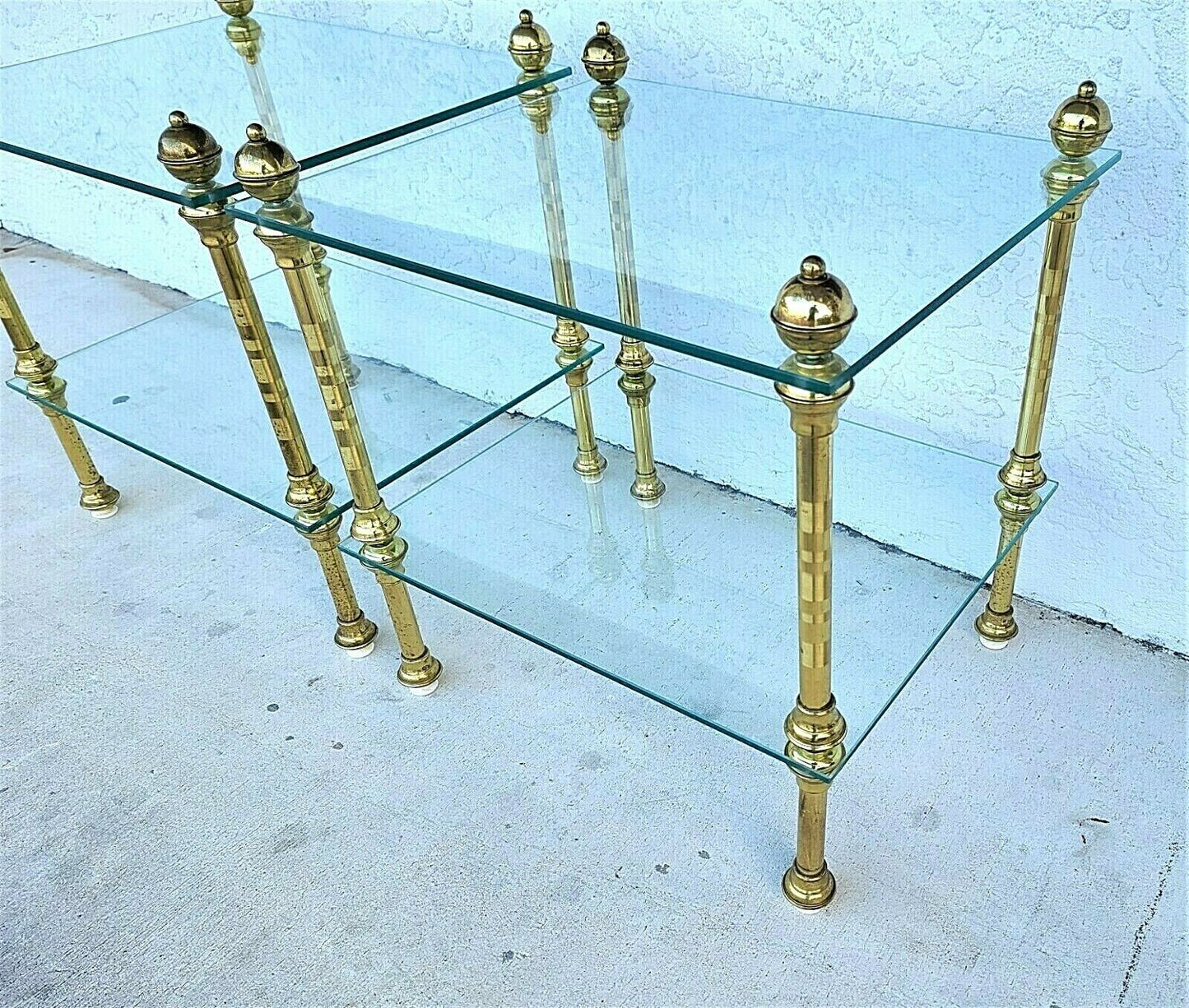 Vintage Pair of 2 Tier Brass & Glass Side End Tables Nightstands