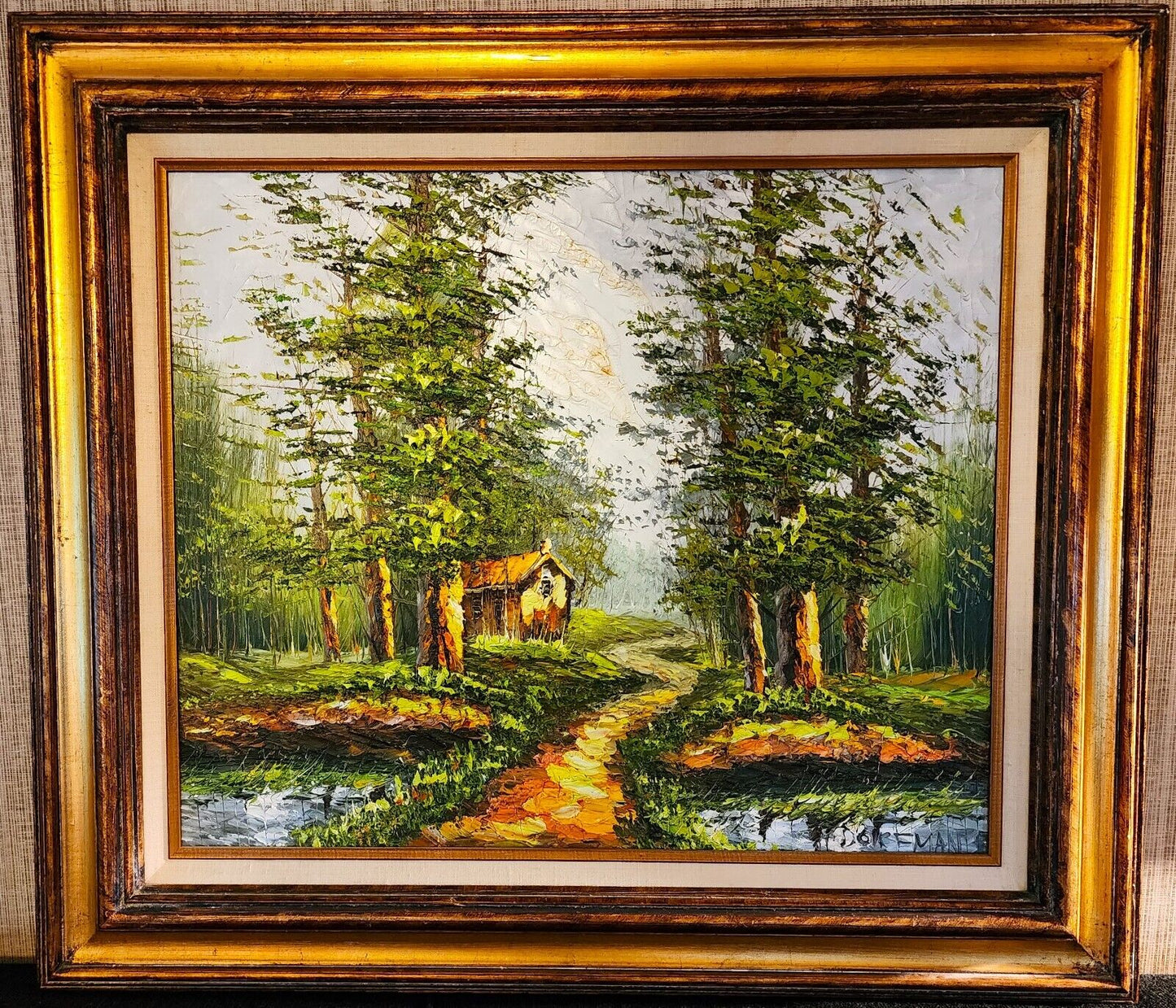 Landscape Oil Painting Signed DORFMAN Vintage Cabin in Woods