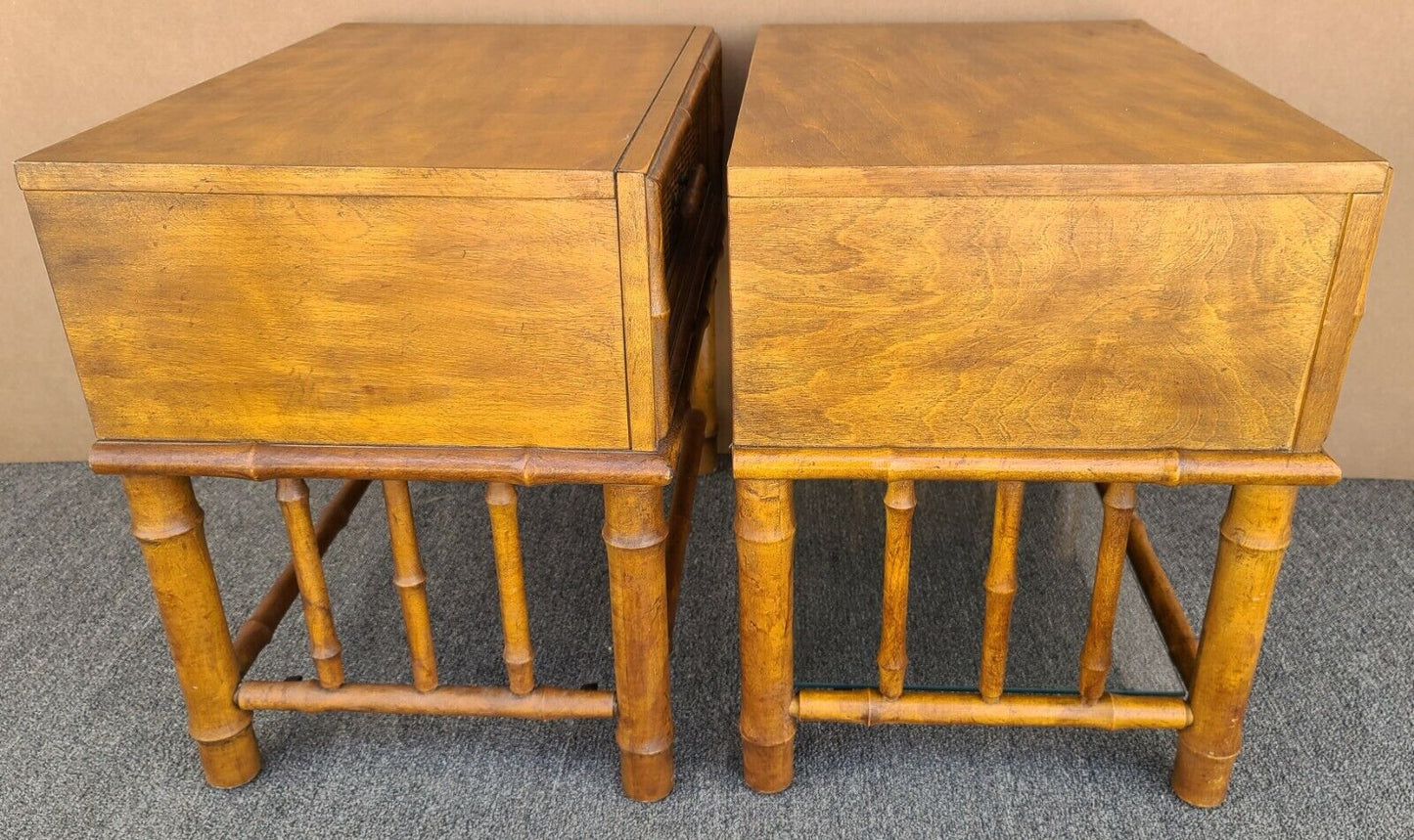 (2) MCM American of Martinsville Side End Tables Nightstands Wicker Faux Bamboo