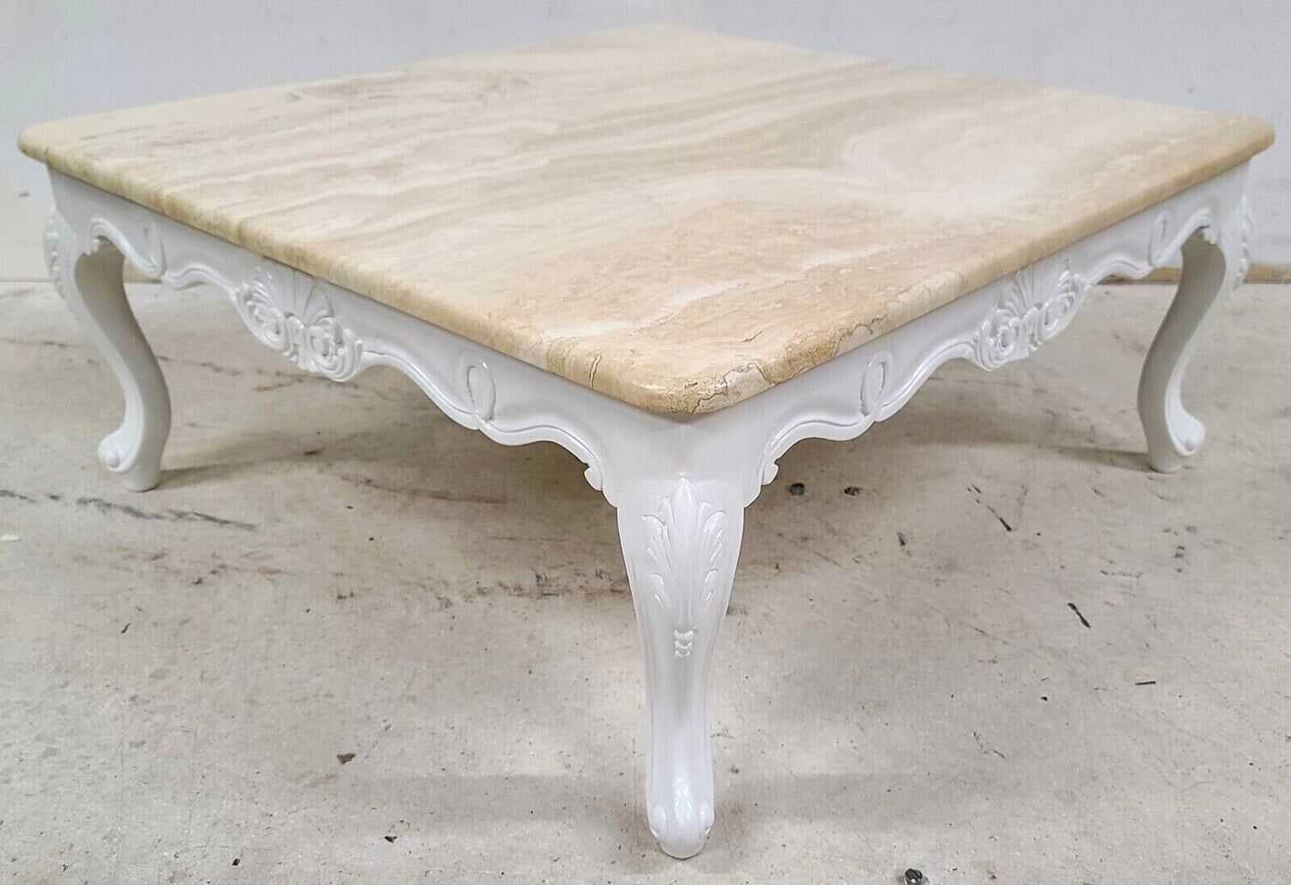 French Provincial Travertine Marble & Wood Cocktail Coffee Table