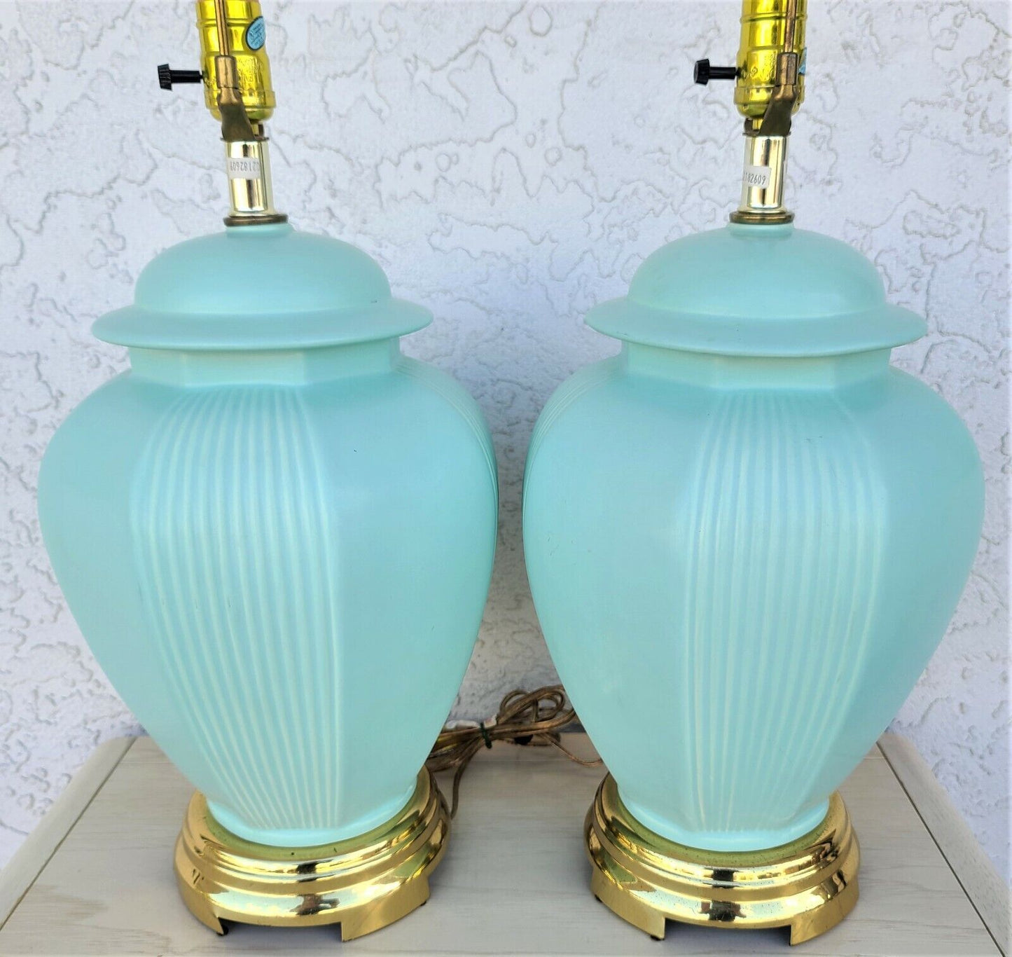 Pair of Asian Chinoiserie Ming Ceramic Ginger Jar & Brass Table Lamps In Aqua