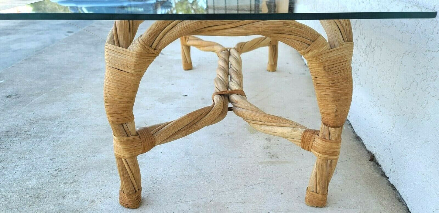 Organic Modern Coastal Twisted Braided Bentwood & Rattan Glass Top Coffee Table