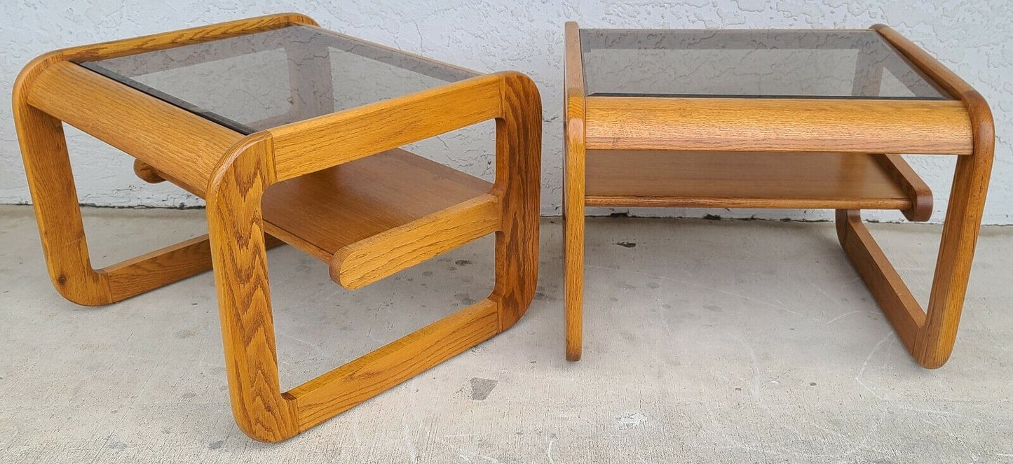 (2) 1970's Mid Century Modern Hodges Mersman Oak Smoked Glass End Tables