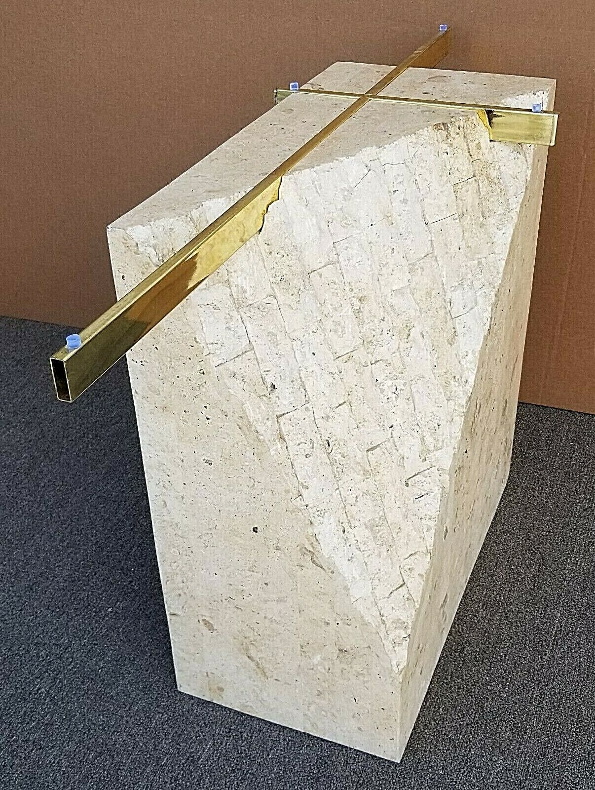 80's MAITLAND SMITH Mactan Tessellated Stone Brass Glass Console Sofa Table