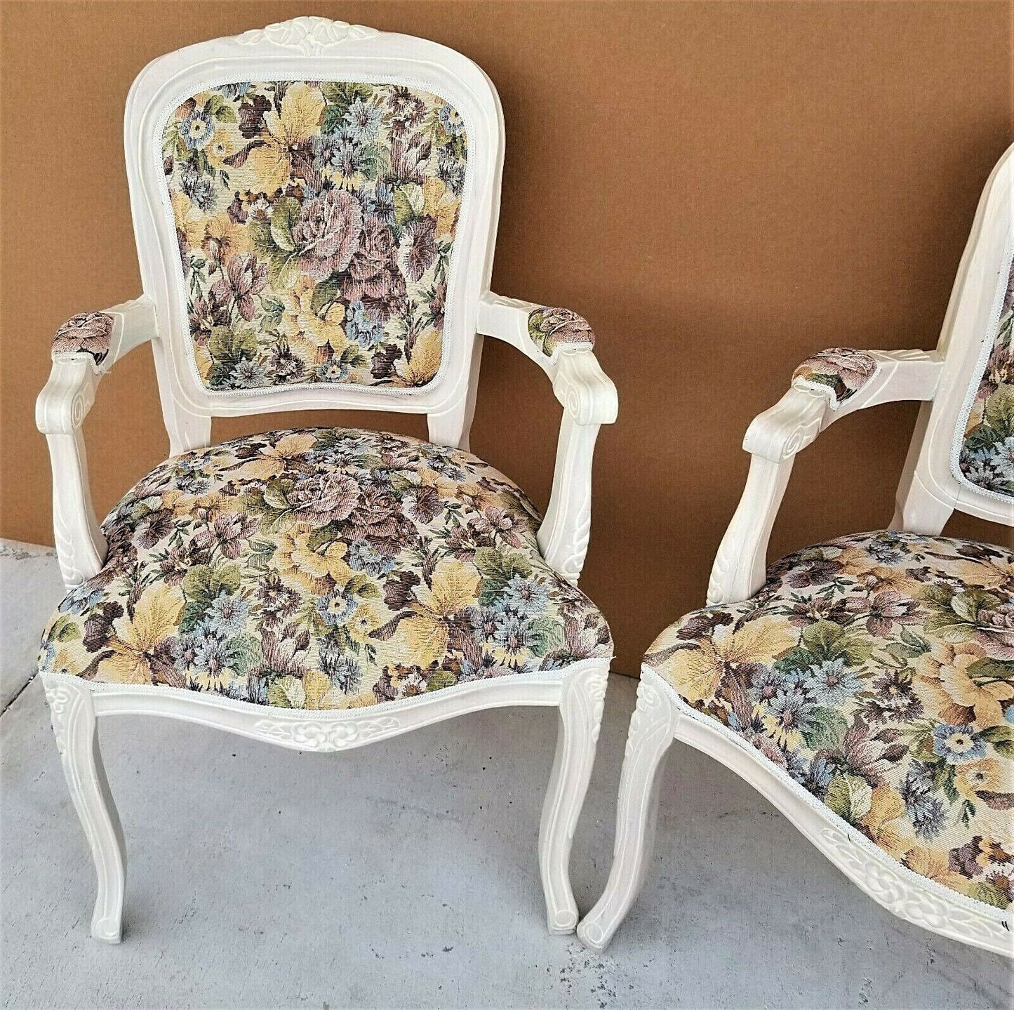 (2) Vintage Shabby Chic French Provincial Pearled Fauteuil Floral Tapestry Armchairs