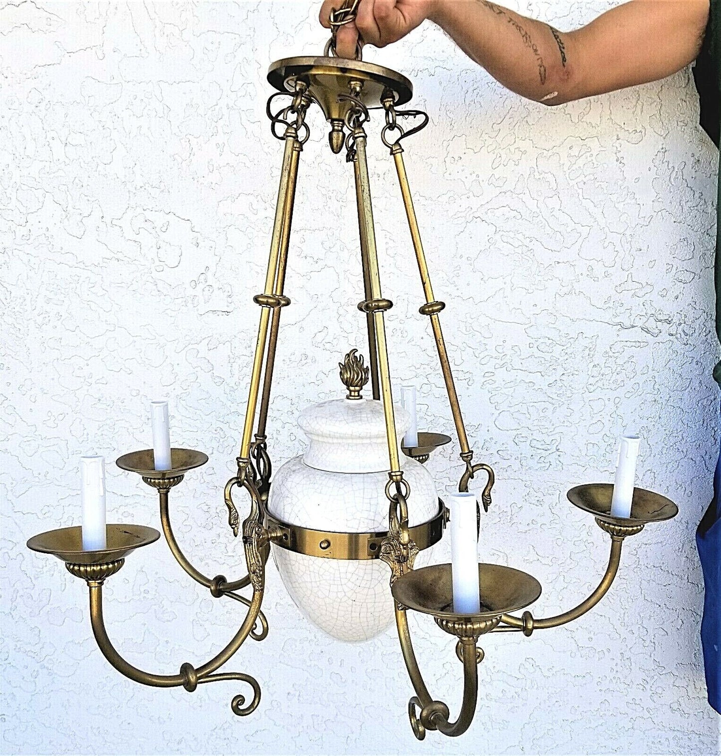 Vtg French Empire Brass Swans 5 Light Ceramic Urn Style Chandelier