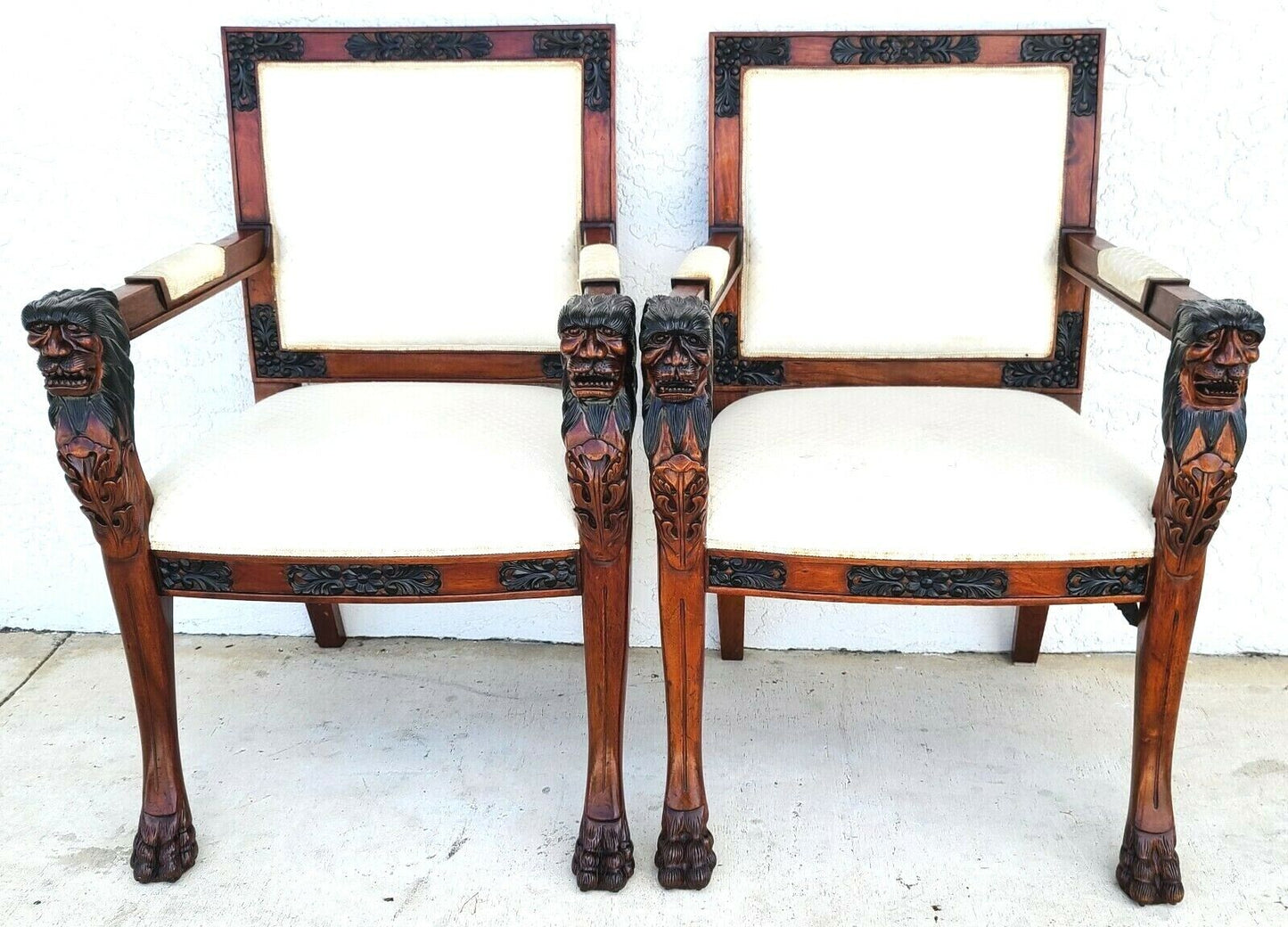 Pair of Hand Carved Mahogany Lions Head Armchairs