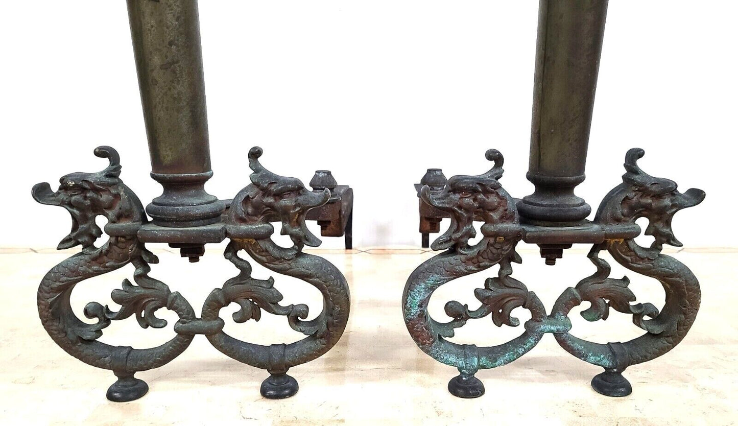 Antique Brass Dragons Fireplace Andirons - a Pair