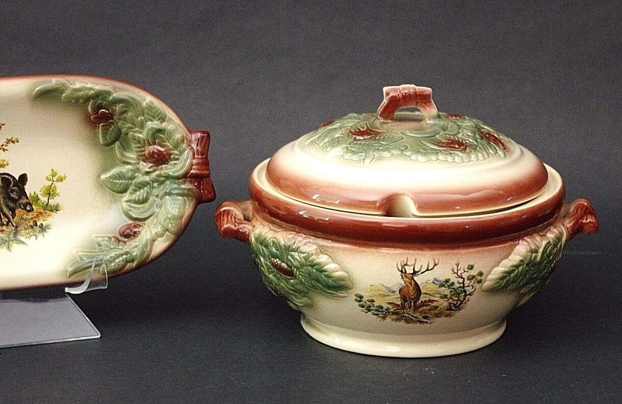Antique KERAMIK STUDIO HANDMADE PEASANT POTTERY Wild Game Serving Soup Tureen