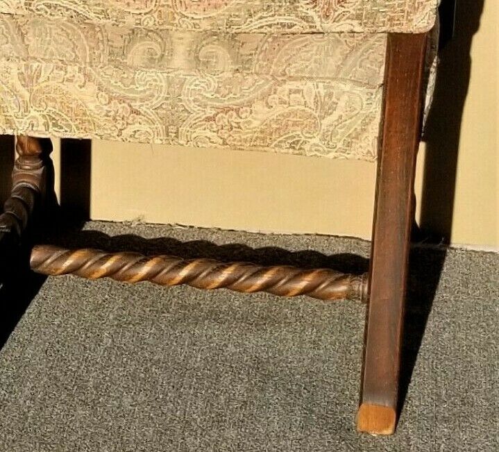 Set of 6 Antique English Oak Carved Barley Twist Jacobean Style Dining Chairs