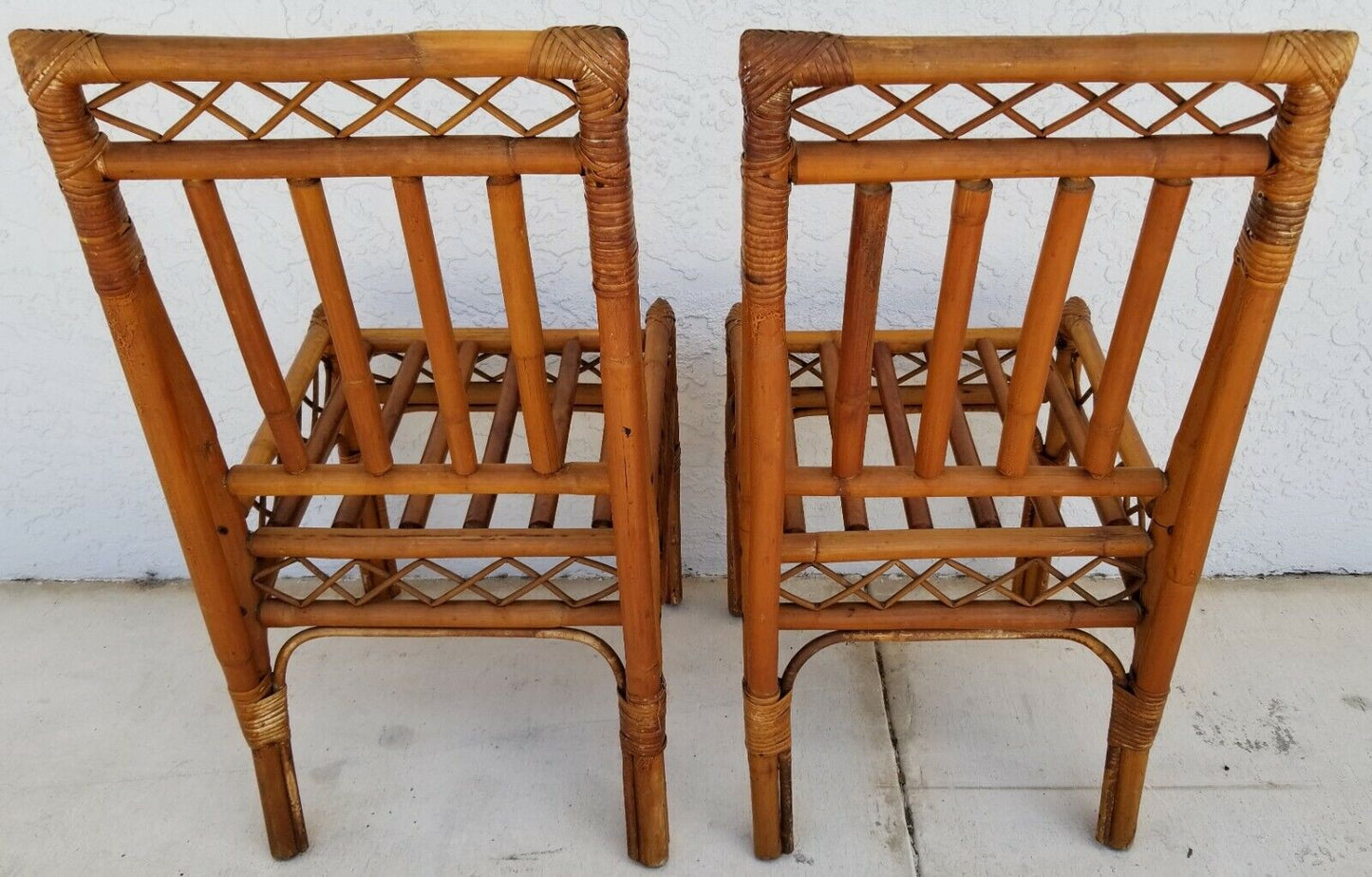 (2) Vintage MCM Bamboo Rattan Side Dining Accent Chairs