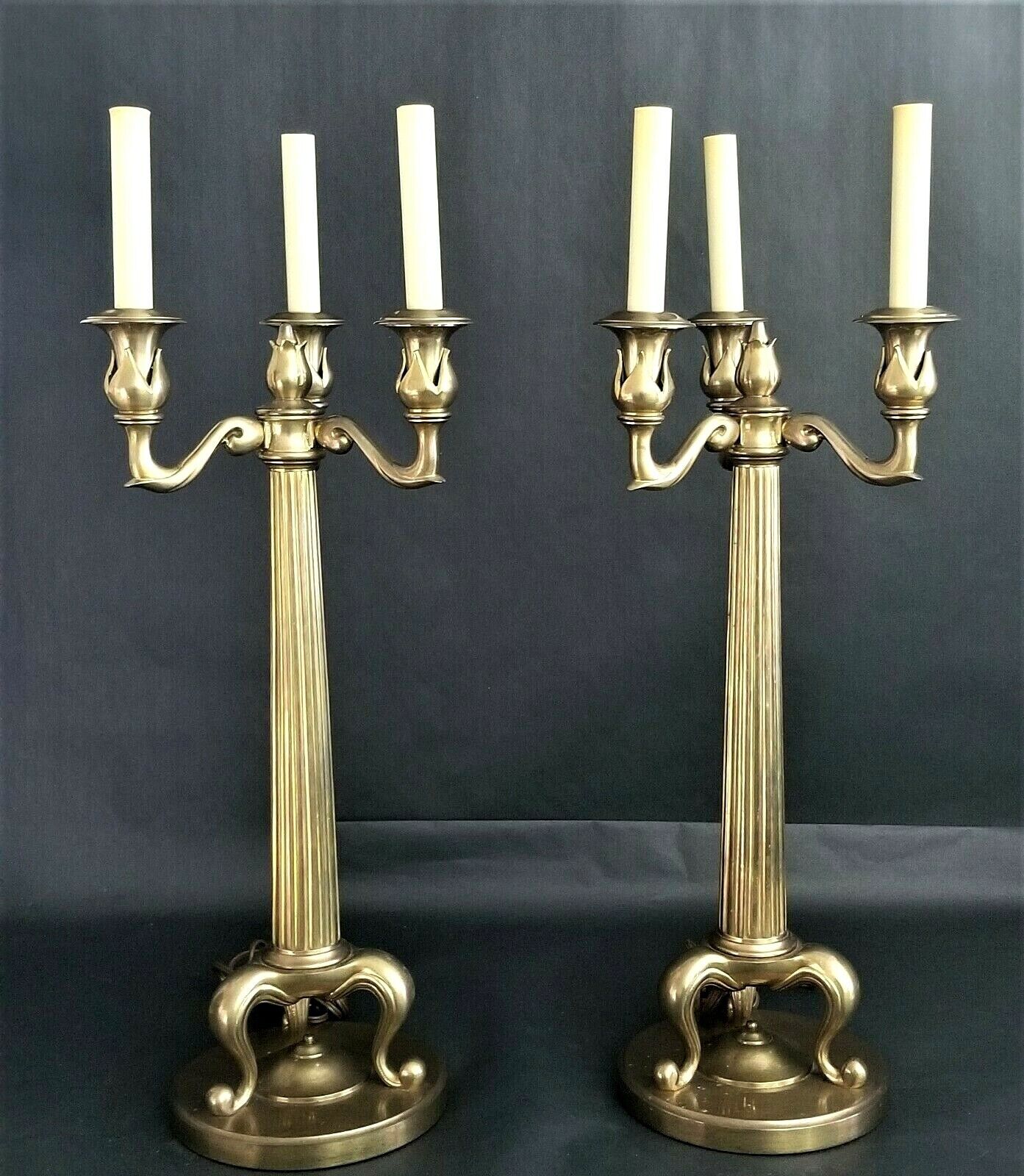 Pair of 1986 CHAPMAN Heavy Brass Candelabra Fluted Column Table Lamps