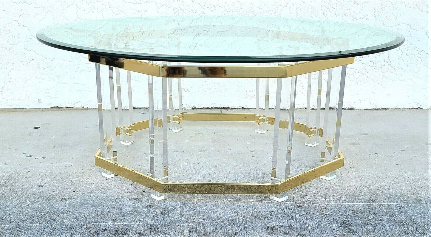 CHARLES HOLLIS JONES Mid Century Brass Lucite & Glass Octagonal Coffee Table
