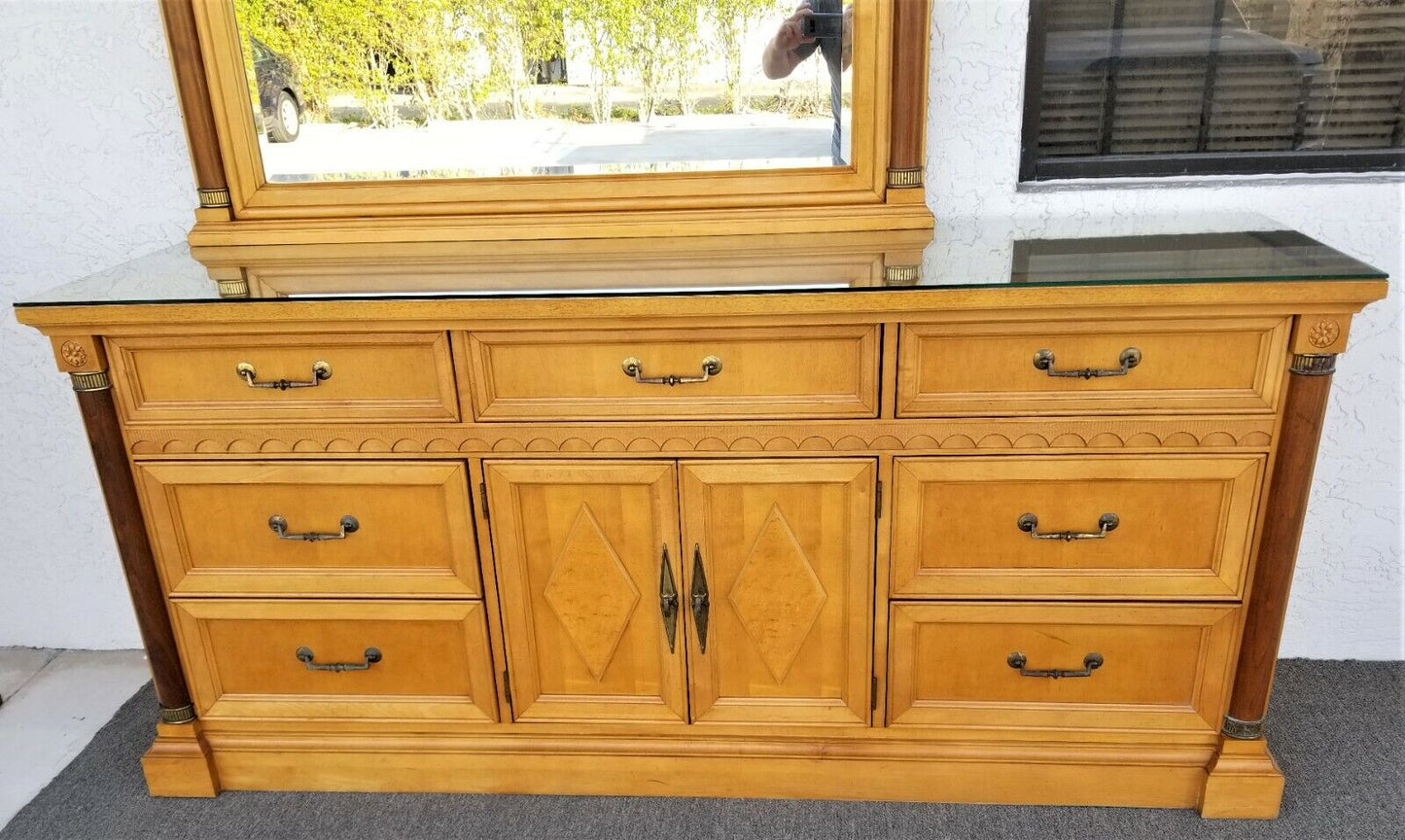 STANLEY FURNITURE Art Deco Dresser with Matching Mirror and Custom Glass Top