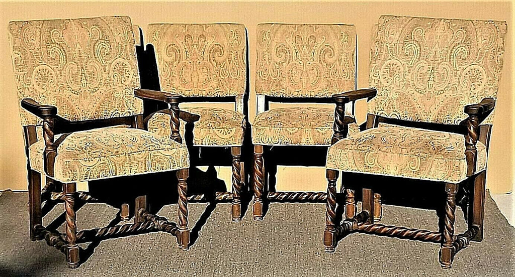 Set of 6 Antique English Oak Carved Barley Twist Jacobean Style Dining Chairs