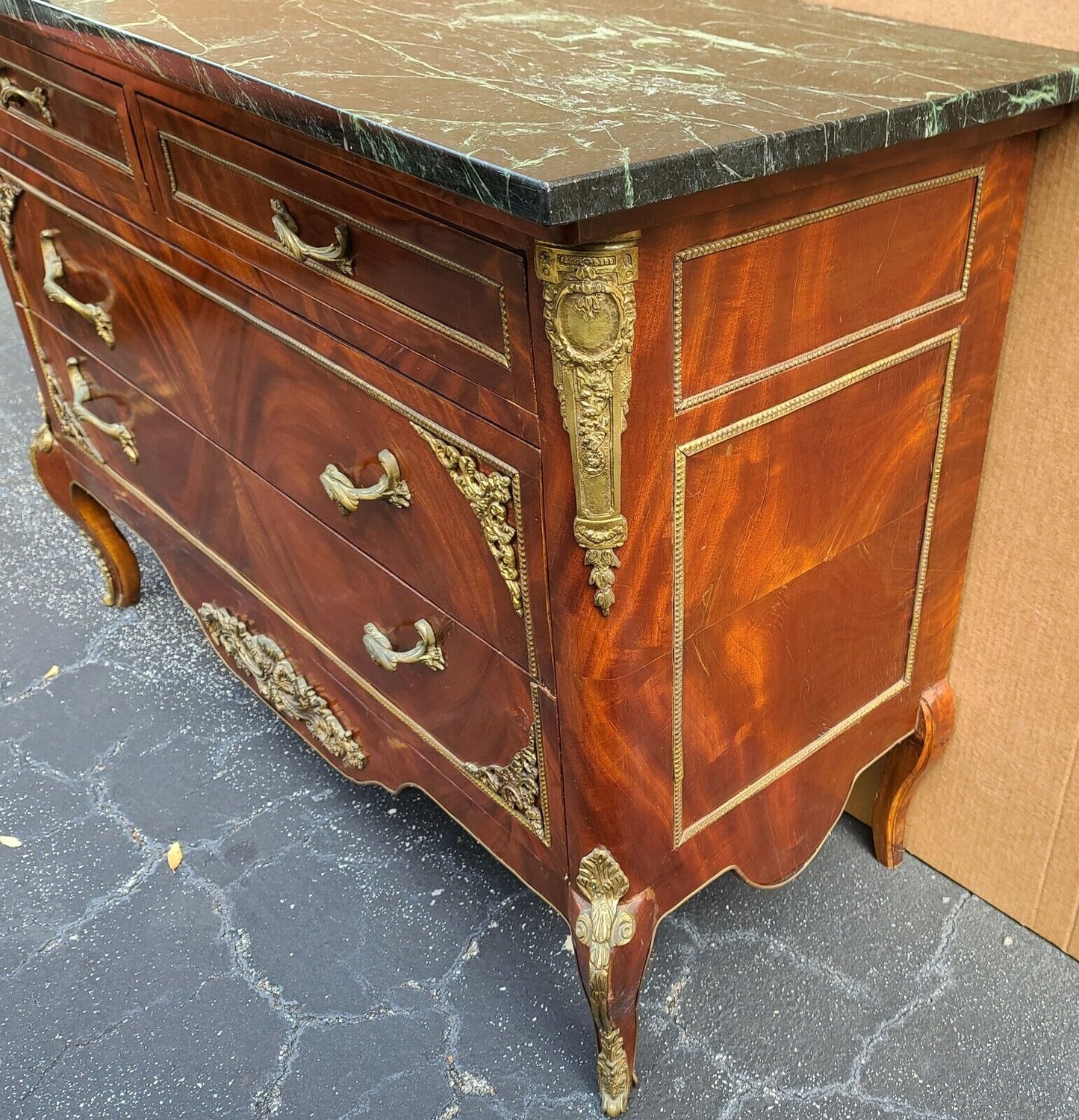 French Louis XV Marble Top Chest Dresser TV Stand with Gilt Ormolu Mounts