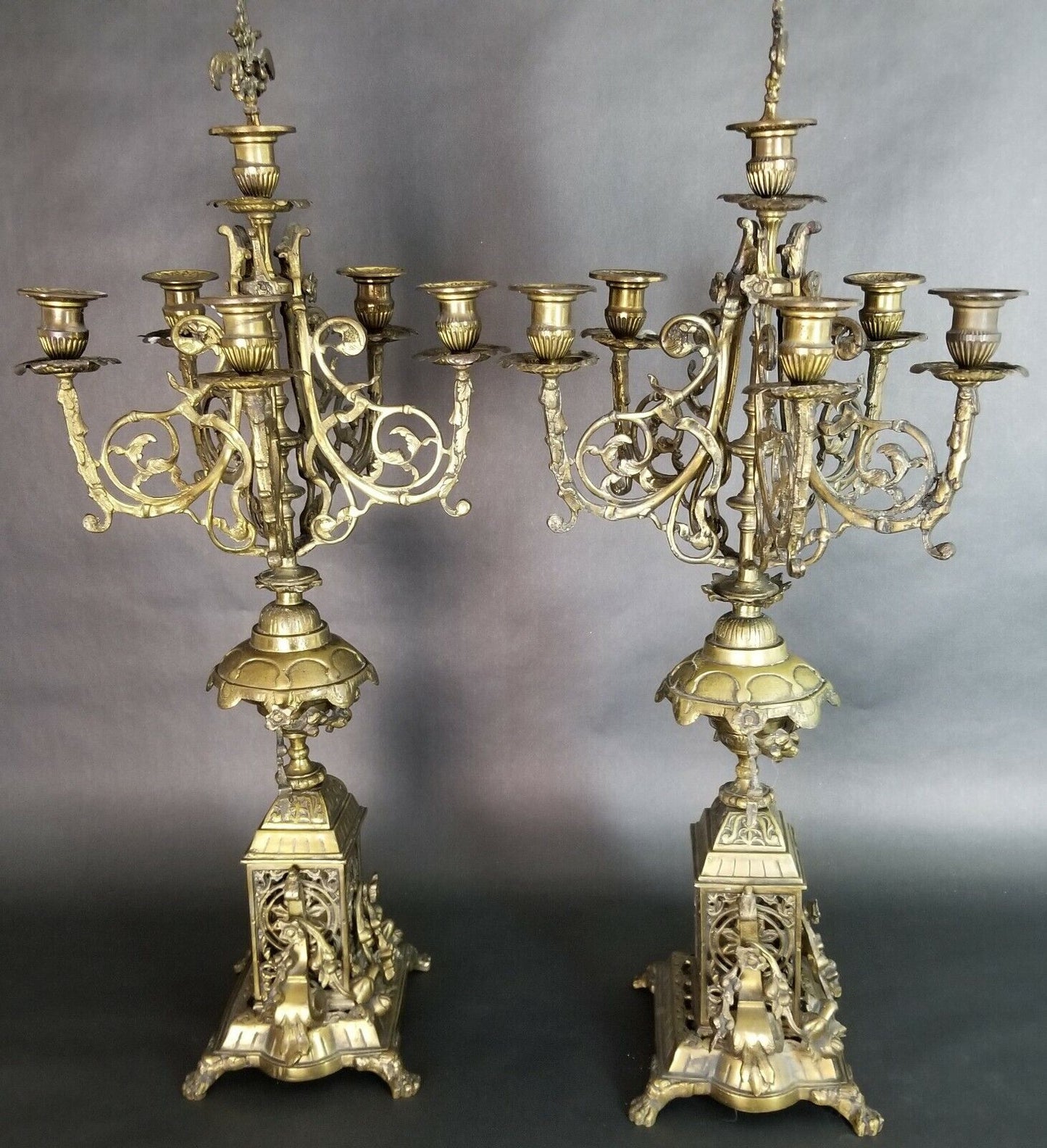 (2) Antique Italian Ornate Bronze French Louis XV Rococo 6 Point Candelabras