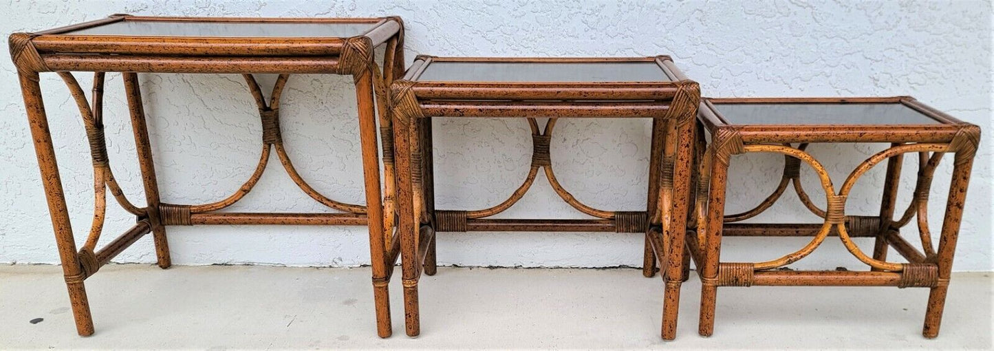 (3) Vintage Tiger Bamboo Rattan Nesting Tables