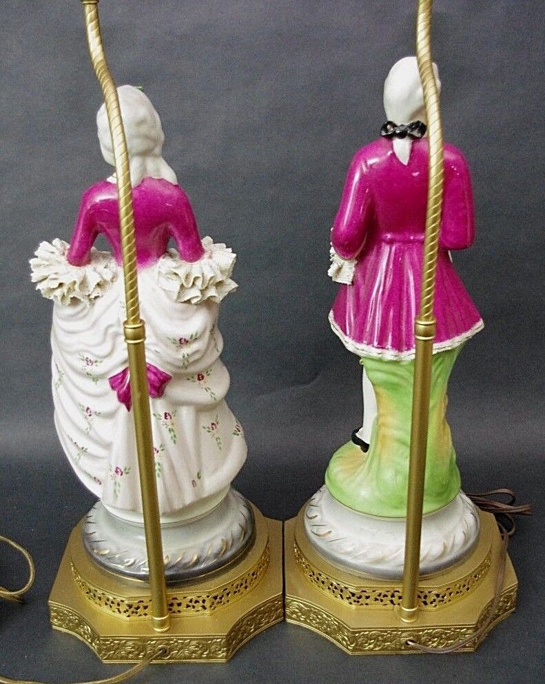 Vtg Pair Dresden Continental Chantilly Figural Victorian Porcelain Table Lamps