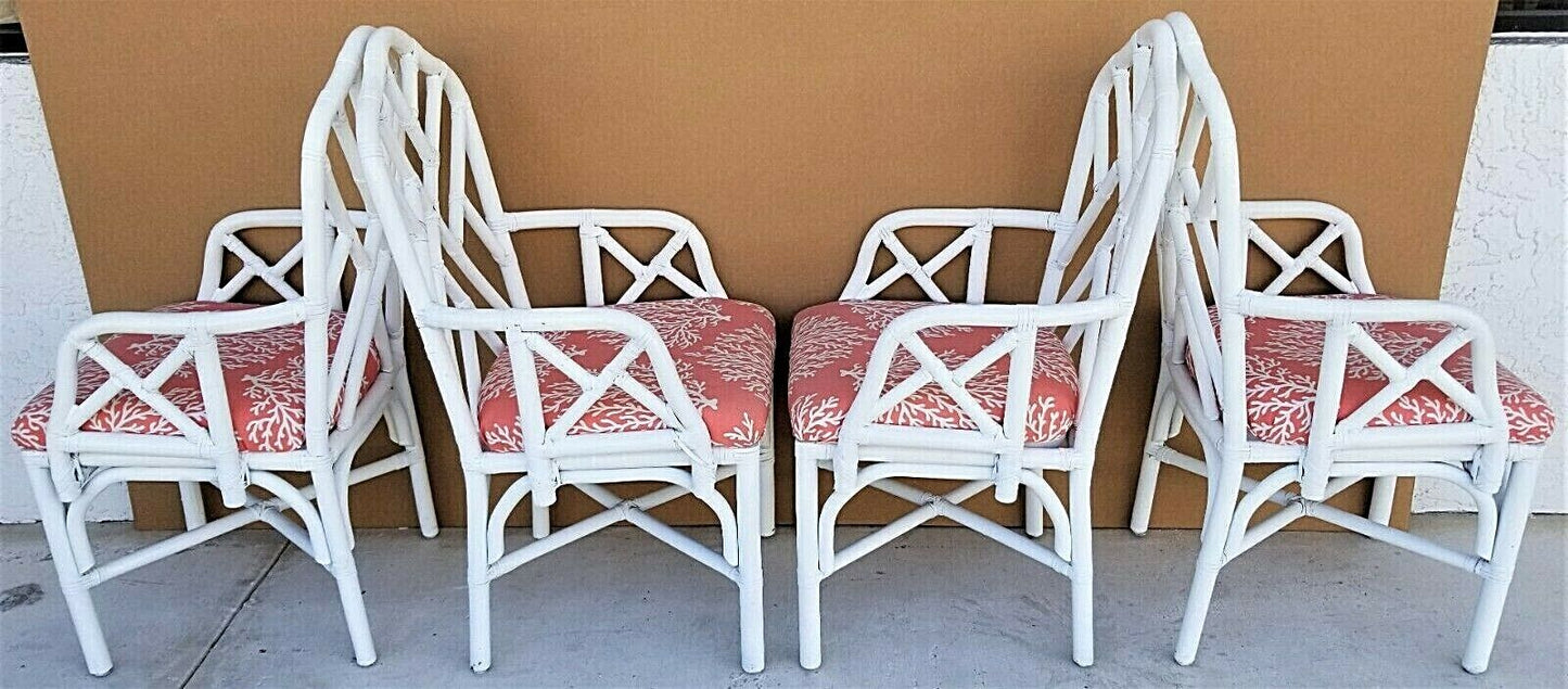 (4) McGuire Style Boho Rattan Dining Armchairs