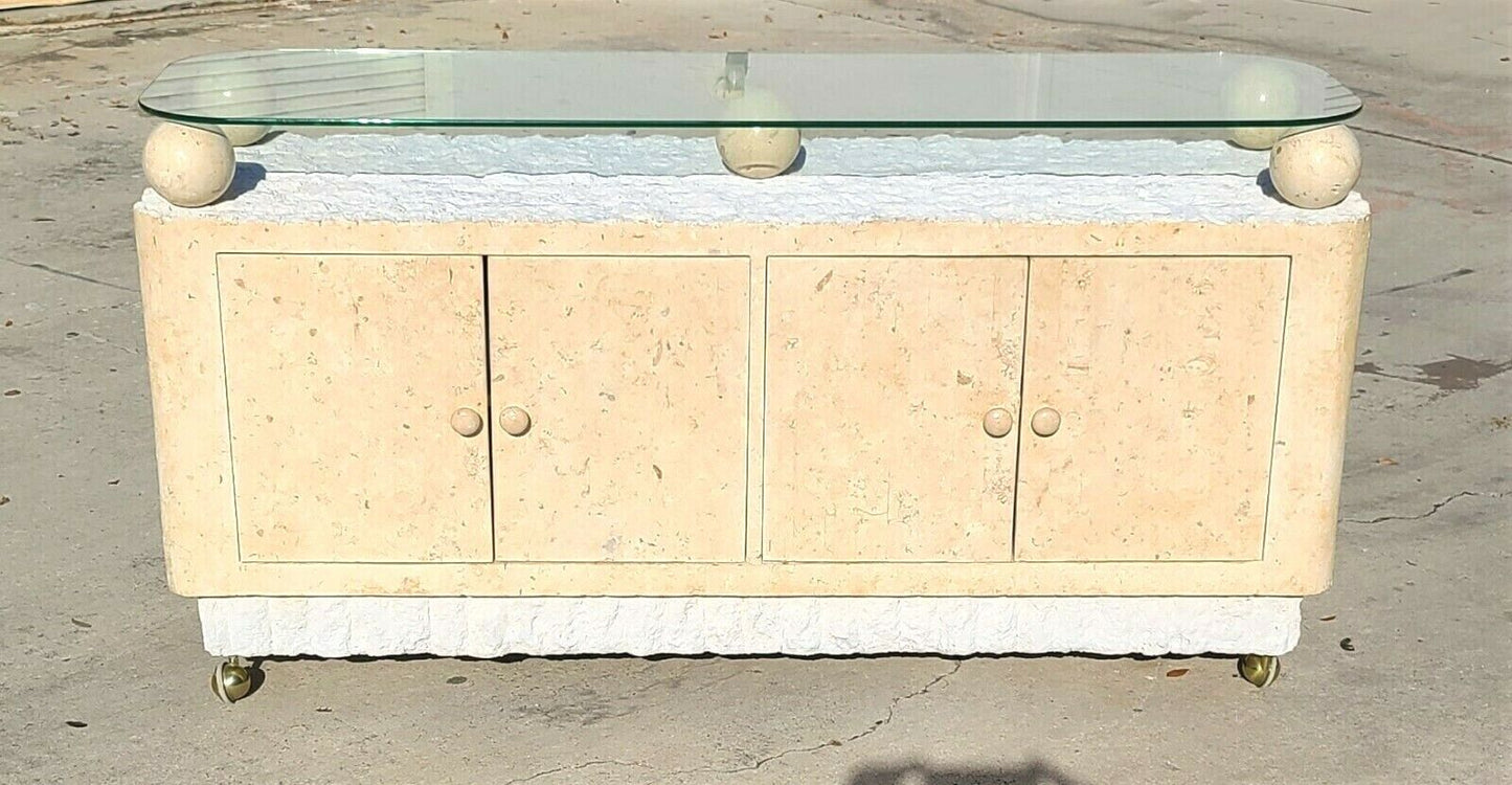 MAITLAND Style Postmodern Tessellated Stone Rolling Credenza Buffet Dry Bar