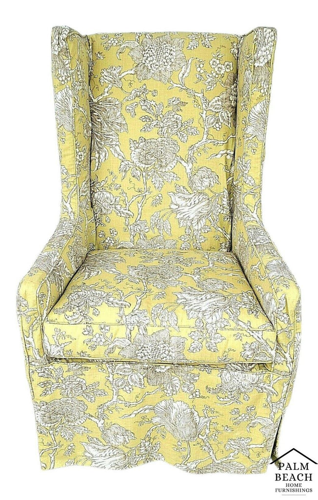 LEE INDUSTRIES Cotton Linen Asian Floral Slipcovered Wingback Armchair w Pillows