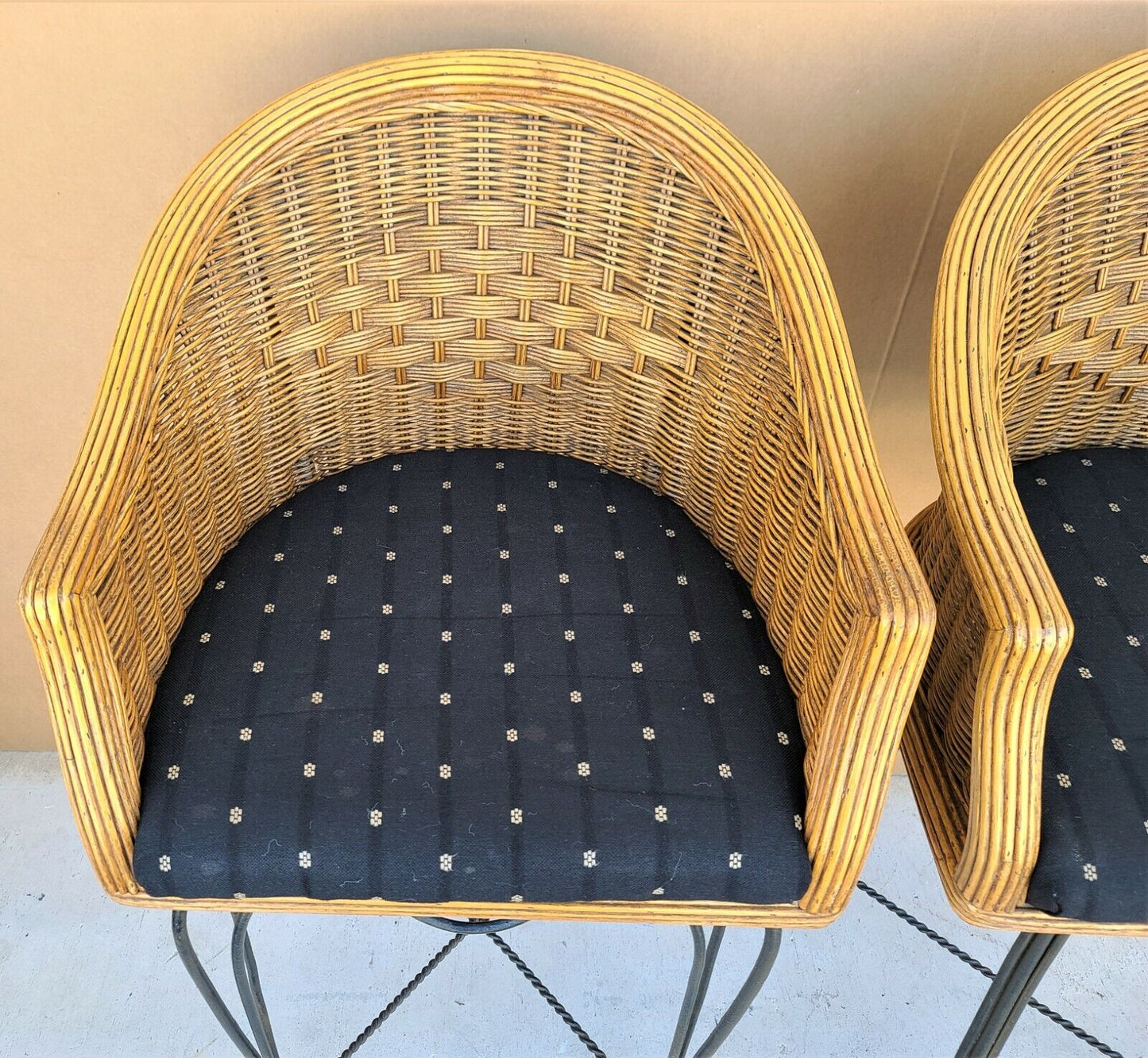 BRAXTON CULLER Wicker & Wrought Iron Swivel Barstools - A Pair