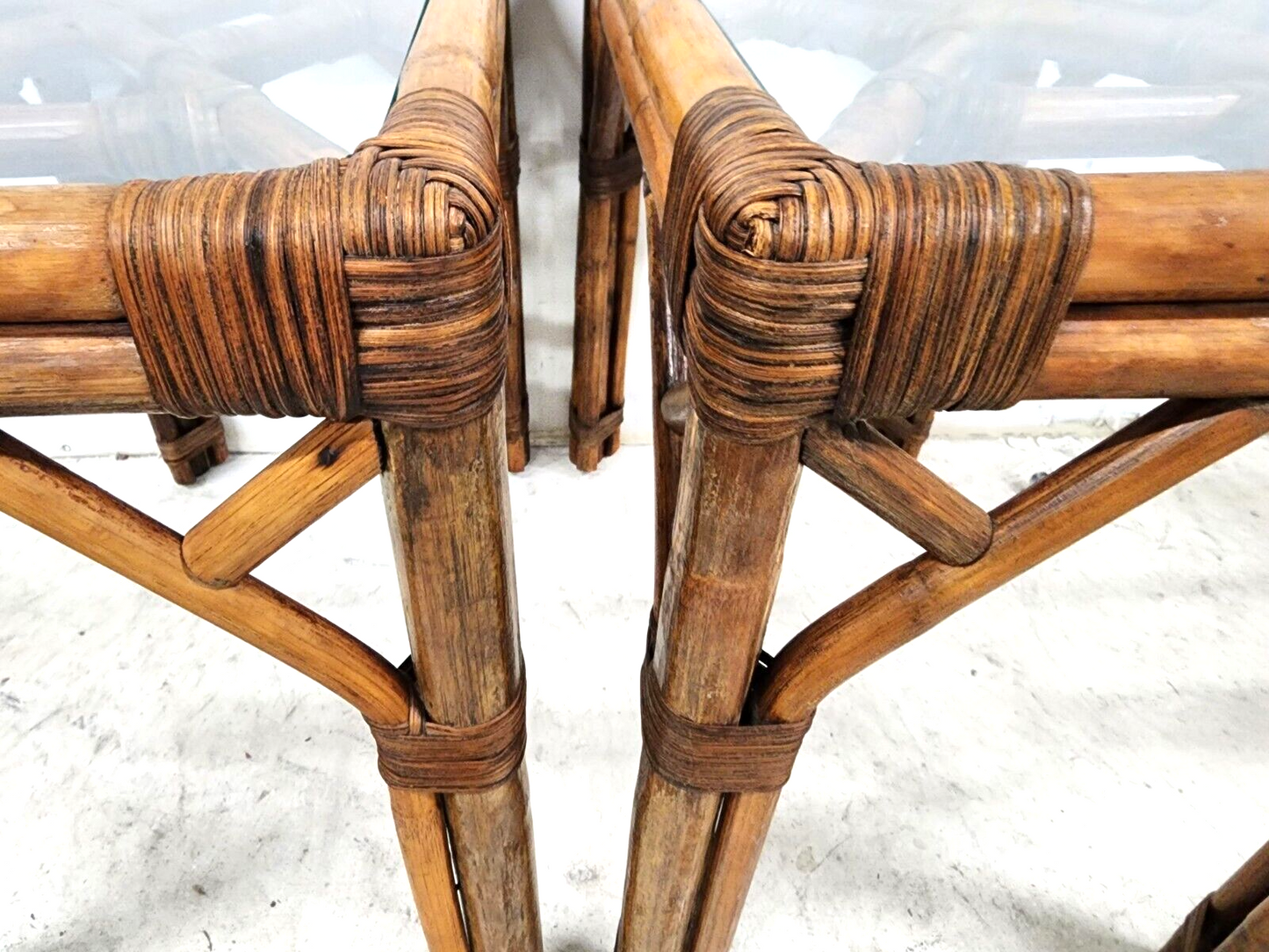 Vintage French Bamboo Rattan Glass Side Tables 1960s - A Pair