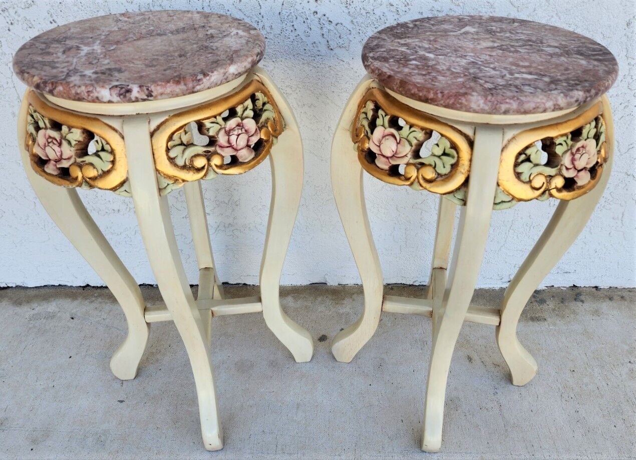 French Side Tables Gold Leaf Gilt Marble Tops