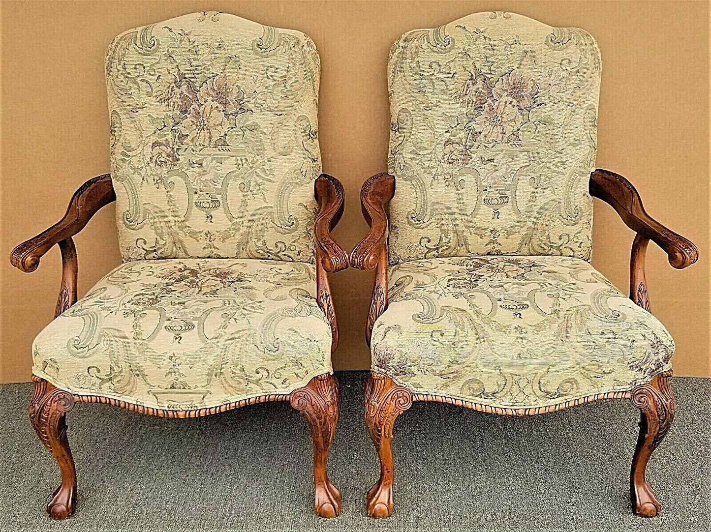 2 Chippendale Style Ball & Claw Tapestry Armchairs by CENTURY FURNITURE CO